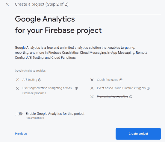 Firebase - Disable Google Analytics
